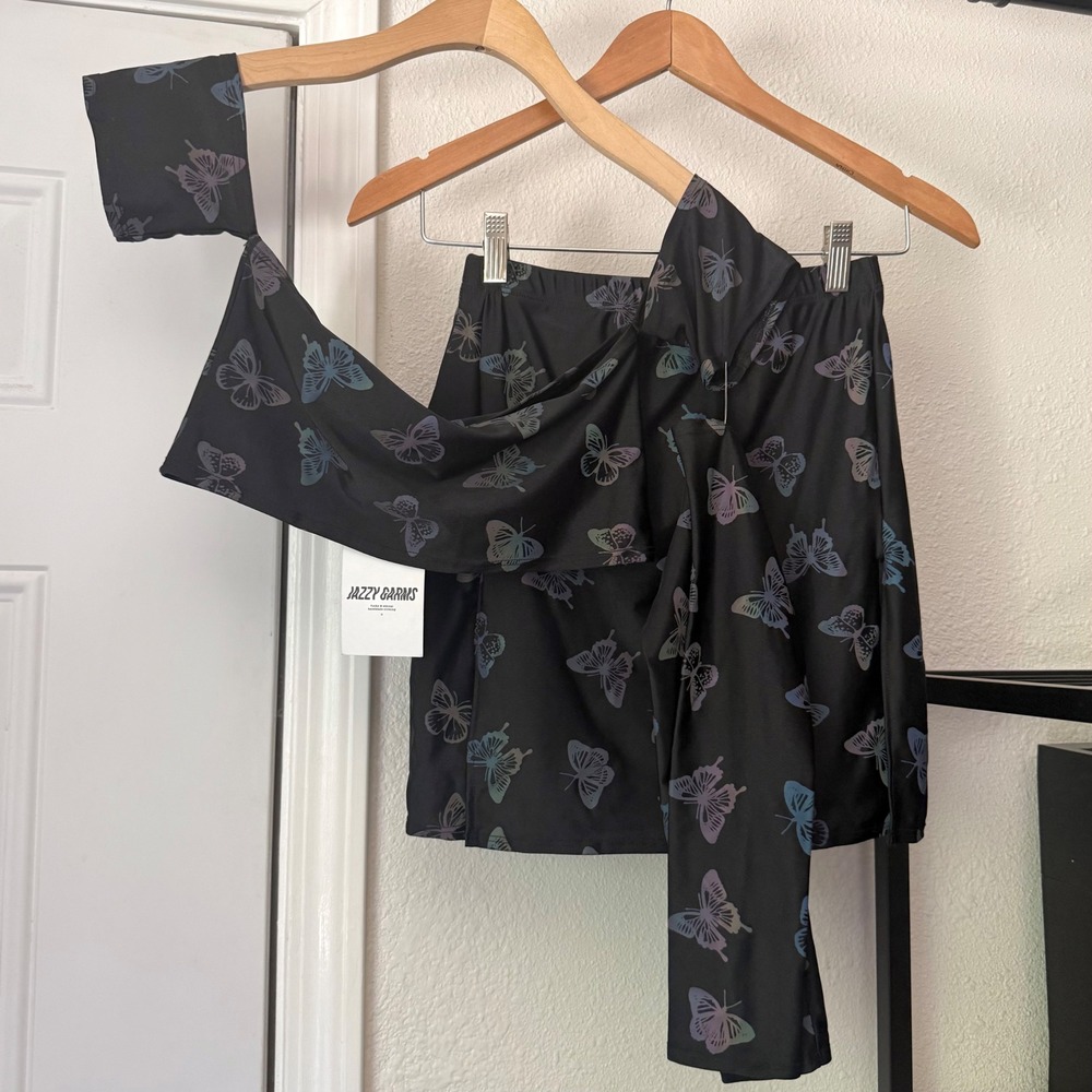 NWT‎ JAZZY GARMS black rainbow butterfly off shoulder crop top mini skirt set